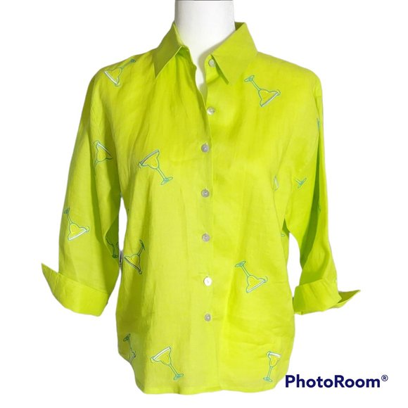 100% Linen Lime Green Chartreuse Novelty Print Embroidered Margarita Blouse NEW - Picture 1 of 12